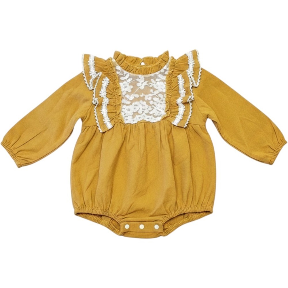 Baileys Blossoms Mustard Yellow Lace Ruffle Long Sleeve Bubble Romper NWT